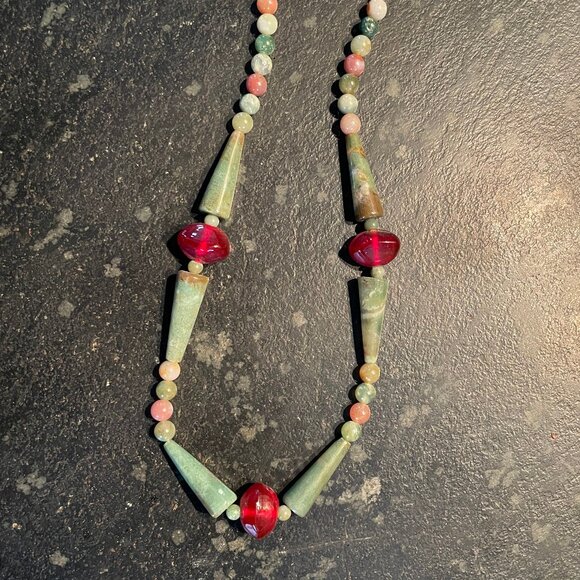 Natural Stone and Red Glass Bead Necklace - Picture 8 of 8